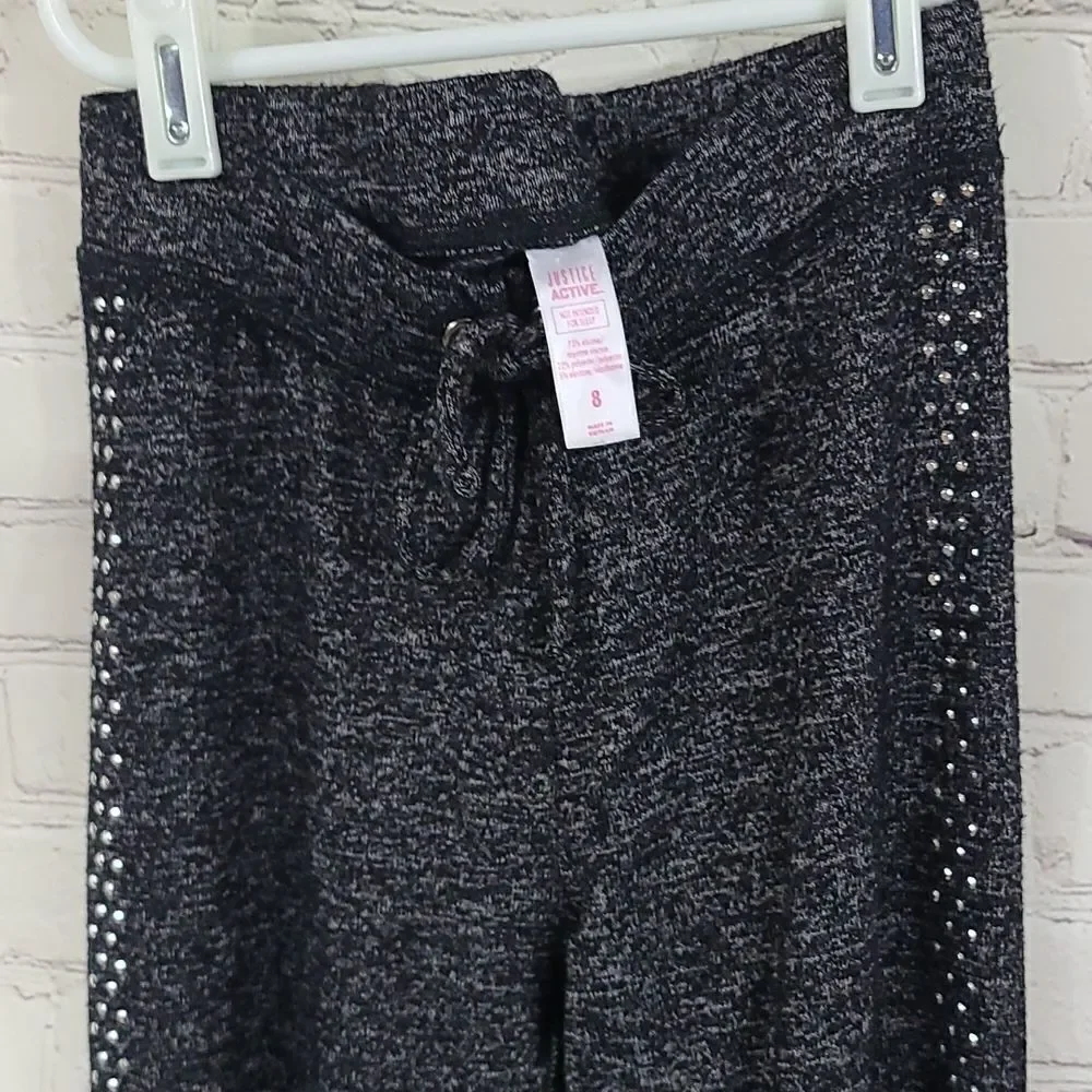 Justice Active Girls 8 Black Heather Hacci Jogger Pants Silver Stud Sparkly Knit